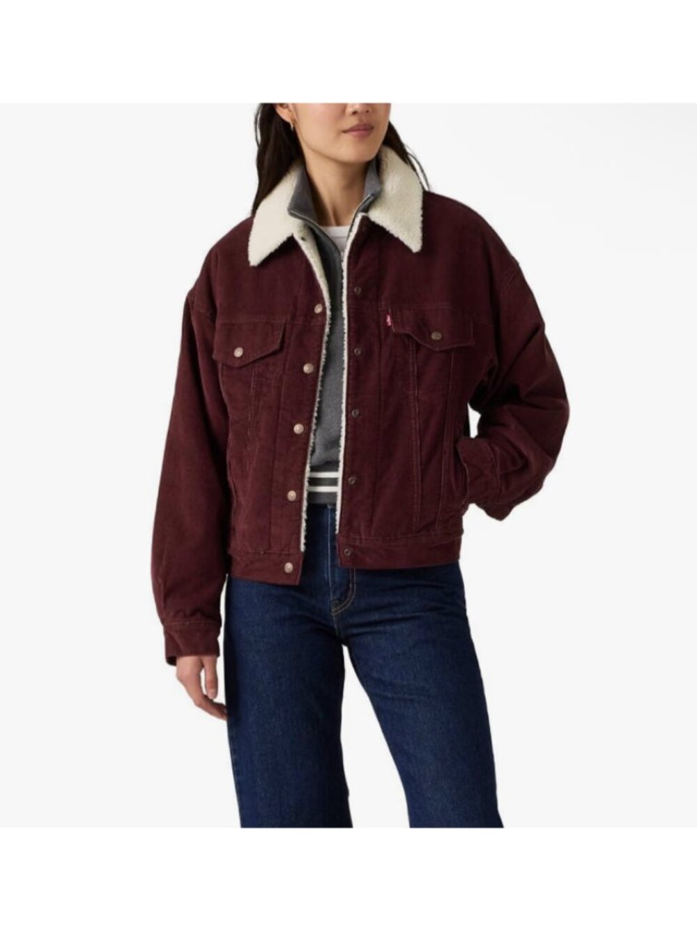 Levi's 90s Trucker Jacket Womens SMALL Burgundy Corduroy Sherpa Oversized